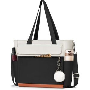 Women Black With White Multi-Pocket Waterproof Canvas Tote Bags with Zipper